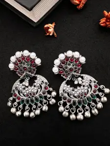 Sangria German Silver-Plated Stones-Studded & Beaded Drop Earrings