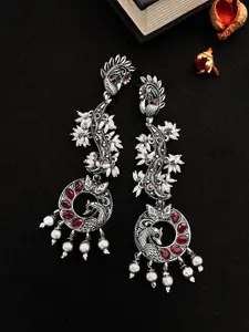 Sangria German Silver-Plated Stone-Studded & Beaded Drop Earrings