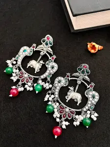 Sangria German Silver-Plated Stone-Studded & Beaded Drop Earrings