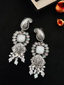 Sangria German Silver-Plated Stones-Studded & Beaded Drop Earrings