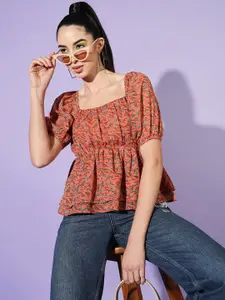 Slenor Floral Printed Puff Sleeve Georgette Top
