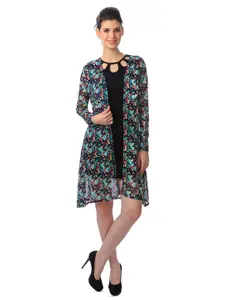 Cation Navy Blue Printed Open Front Longline Shrug