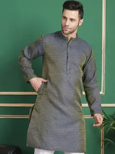 Anouk Floral Woven Design Band Collar Long Sleeves Zari Straight Jacquard Kurta