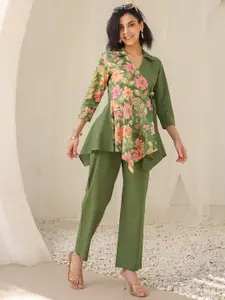 JISORA Green Printed Pure Cotton Top & Trousers Co-Ords