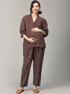 The Mom Store Floral Printed Shawl Collar Puffed Sleeves Pure Cotton Maternity Night suit