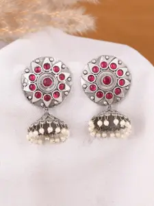 DASTOOR Gold Plated Stone Studded & Beaded Contemporary Oxidised Jhumkas