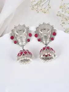 DASTOOR Gold Plated Stone Studded & Beaded Contemporary Oxidised Jhumkas