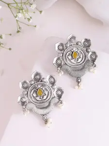 DASTOOR Gold Plated Stone Studded & Beaded Contemporary Oxidised Stud Earrings