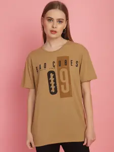 MACK JONNEY Women Typography Printed Drop-Shoulder Sleeves Oversized Cotton T-shirt