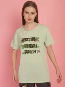 MACK JONNEY Women Typography Printed Drop-Shoulder Sleeves Oversized Cotton T-shirt