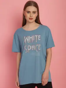 MACK JONNEY Women Typography Printed Drop-Shoulder Sleeves Oversized Cotton T-shirt