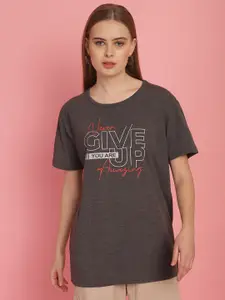 MACK JONNEY Women Typography Printed Drop-Shoulder Sleeves Oversized Cotton T-shirt