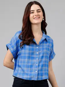 Latin Quarters Checked Shirt Collar Extended Sleeves Shirt Style Top