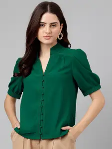 Latin Quarters Mandarin Collar Short Puff Sleeve Shirt Style Top