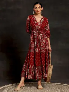 Libas Ethnic Motifs Printed V-Neck Cuffed Sleeves Tiered Detail Cotton Maxi Dress