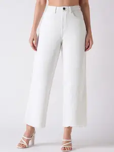 Globus Women White Wide Leg High-Rise Light Shade Clean Look Pure Cotton Jeans
