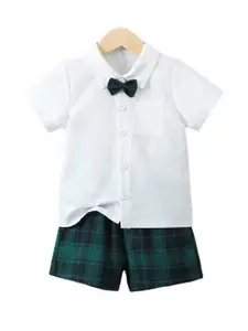 StyleCast x Revolte Boys White & Green Shirt Collar Shirt with Shorts