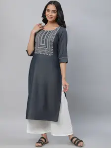 AURELIA Paisley Striped Round Neck Thread Work Kurta