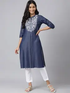 AURELIA Geometric Yoke Design Mandarin Collar Thread Work Kurta