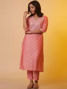 AURELIA Regular Sleeves V-Neck Embroidered Mirror Work Kurta