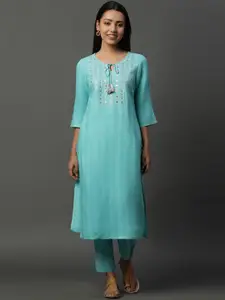 AURELIA Yoke Design Tie-Up Neck Thread Work Kurta