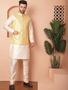 Anouk Yellow Mandarin Collar Straight Kurta with Churidar & Woven Design Nehru Jacket