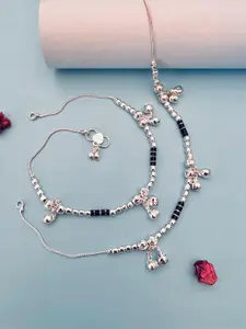 Sangria Silver Toned Set Of 2 Silver-Plated Stones and Beads Anklets