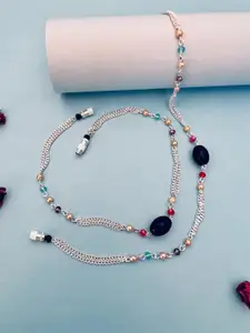 Sangria Silver Toned Set Of 2 Silver-Plated Stones and Beads Anklets