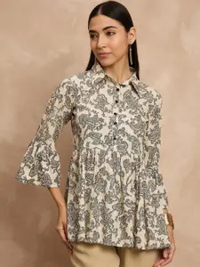 all about you Beige Paisley Printed Shirt Collar A-Line Short Kurti