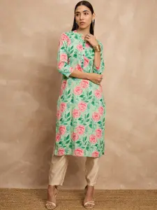 all about you Green & Pink Floral Printed Mandarin Collar Cotton Straight Kurta