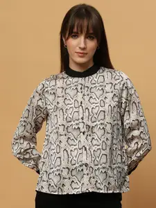 Beatnik Modern Animal Printed Mandarin Collar Satin Casual Shirt