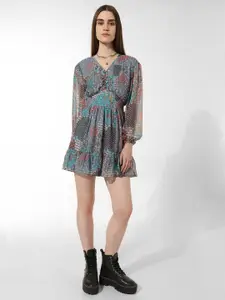 ONLY Floral Printed Puff Sleeves Pleated Flounce Fit & Flare Mini Dress