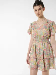 ONLY Floral Printed Flared Sleeves Smocked Ruffled Fit & Flare Dress