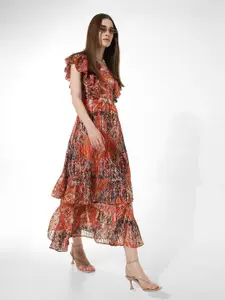 ONLY Abstract Printed Flutter Sleeves Ruffled Maxi Dress