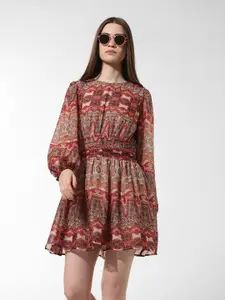 ONLY Ethnic Motifs Printed Puff Sleeves Mini Fit & Flare Dress