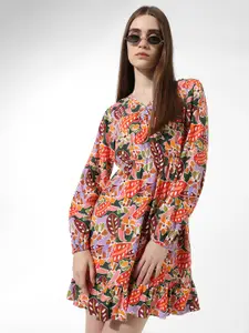 ONLY Floral Printed Puff Sleeves Flounce Fit & Flare Dress