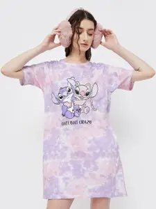 Ginger by Lifestyle Lilo And Stitch Printed Extended Sleeves Cotton T-shirt Mini Dress