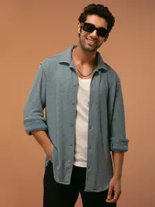 Powerlook India Slim Grey Self Design Spread Collar Casual Shirt