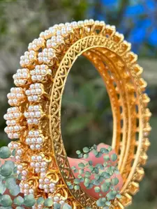 MANSIYAORANGE Set Of 2 Gold-Plated Pearl-Studded Pacheli Bangles