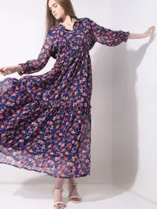 Vero Moda Floral Printed Tie-Up Neck Puffed Sleeves Tiered Fit and Flare Maxi Dress