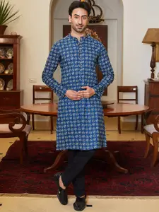 See Designs Floral Printed Mandarin Collar Cotton Straight Kurta