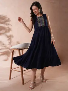 Globus Embroidered Yoke Gathered Tiered Fit & Flare Fusion Maxi Dress