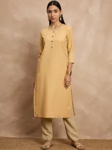 all about you Yellow Round Neck Three-Quarter Sleeves Straight Kurta
