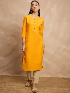 all about you Mustard Yellow Round Neck Three-Quarter Sleeves Straight Kurta