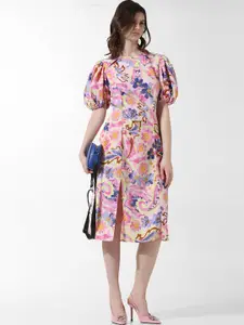 ONLY Floral Printed Puff Sleeves Slit Detail Boat Neck A-Line Midi Dress