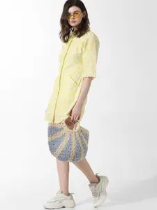 ONLY Floral Printed Schiffli Detail Scalloped Pure Cotton Shirt Dress