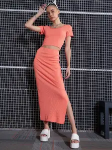 SASSAFRAS Peach-Coloured Ribbed Round Neck Top With Skirt