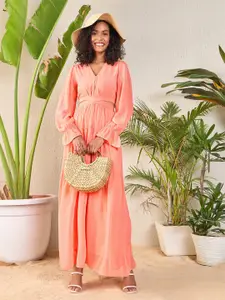 SASSAFRAS V Neck Bell Sleeve Georgette Maxi Dress