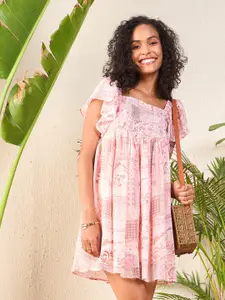 SASSAFRAS Peach Floral Printed Flutter Sleeve Georgette Empire Dress