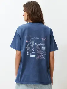 Trendyol Typography Printed Drop-Shoulder Sleeves Cotton Casual T-shirt